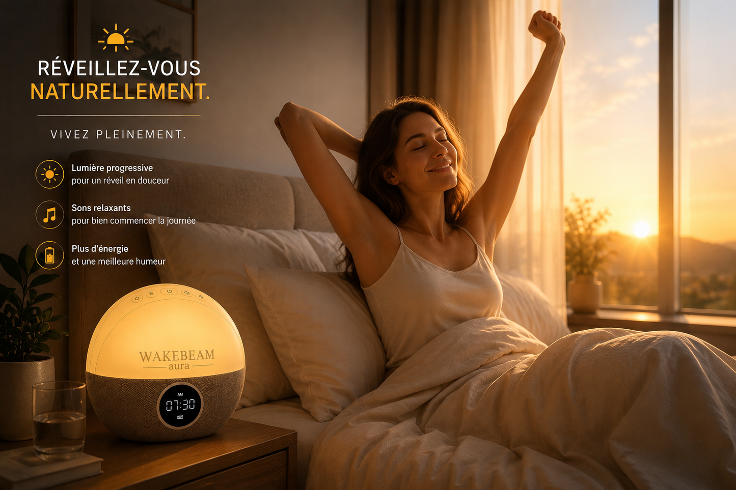 WakeBeam Aura™ – Réveil simulateur d'aube intelligent pour un réveil naturel