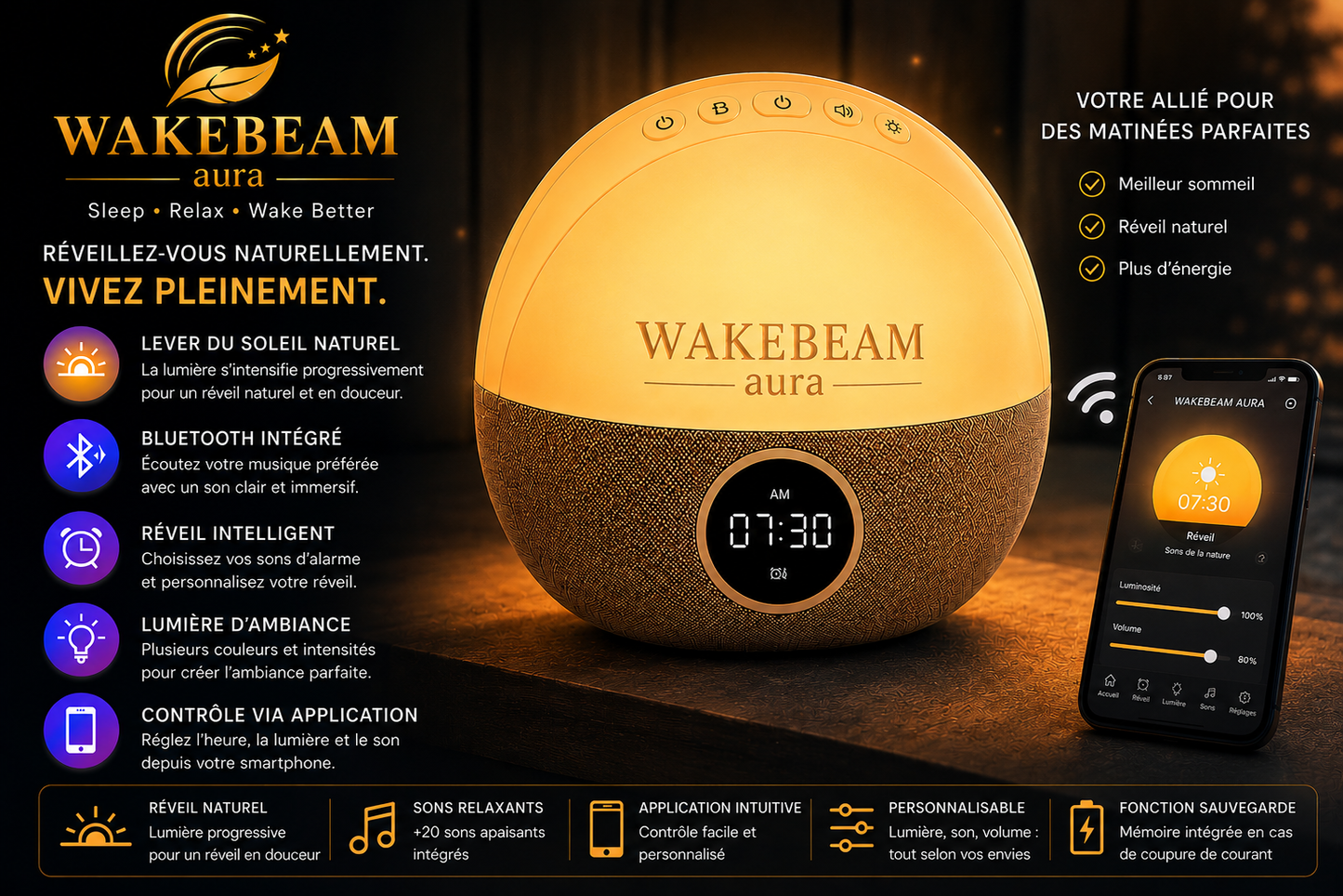 WakeBeam Aura™ – Réveil simulateur d'aube intelligent pour un réveil naturel